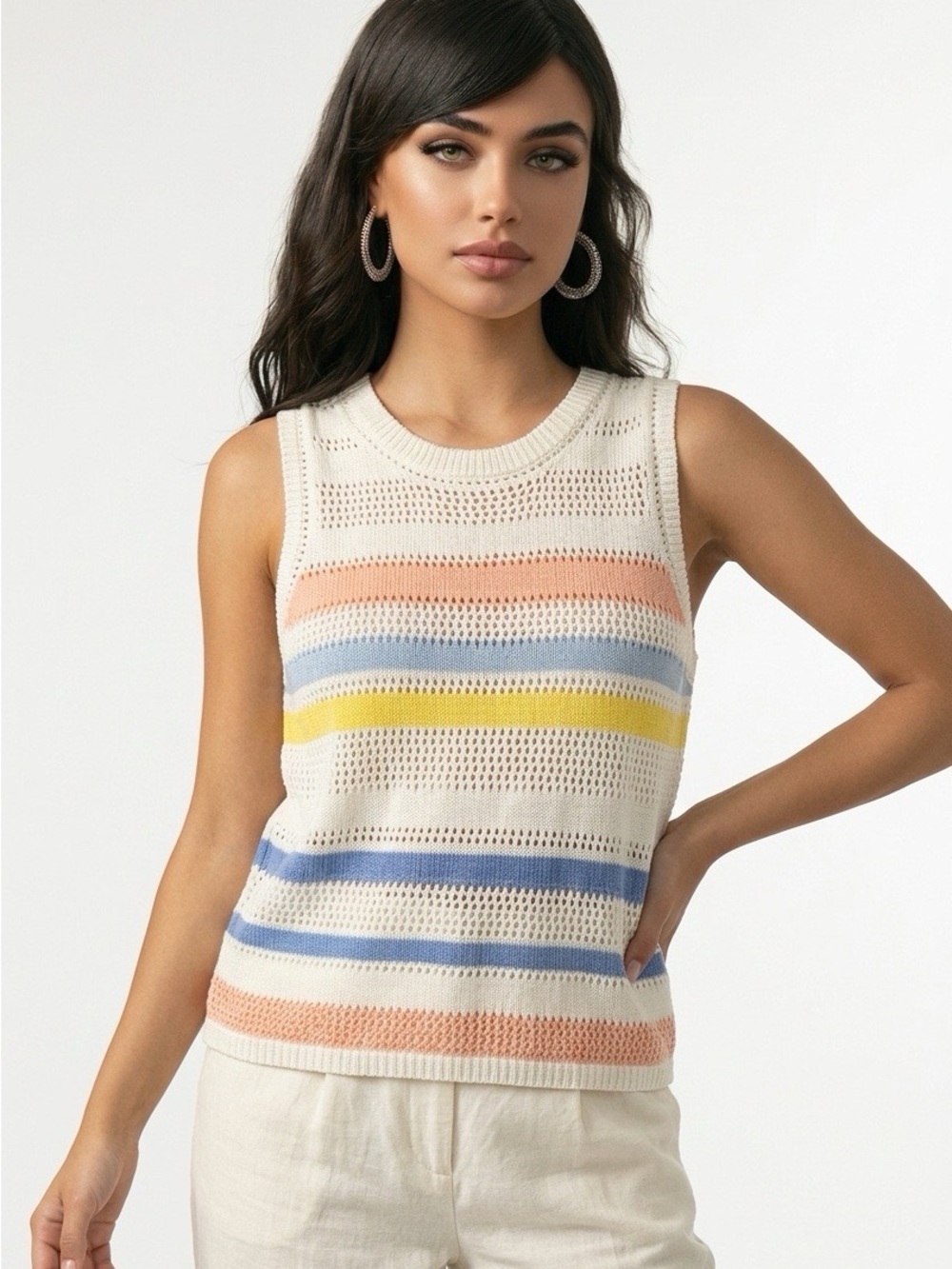 Staccato Cream Knit Tank with Pastel Blue, Yellow & Coral Stripes